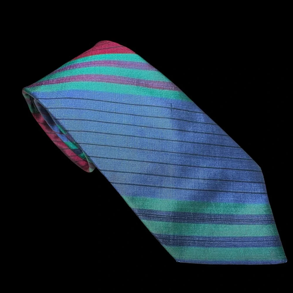 Jim Thompson Tie Blue Green Burgundy Striped Mens Necktie Hand Made Iridescent